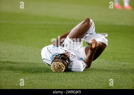 Barcellona, Napoli, SPAGNA. 12 marzo 2024. Victor Osimhen del Napoli reagisce durante il round di UEFA Champions League 16 della partita di andata e ritorno FC Barcellona - SSC Napoli allo stadio Olimpico Lluis Companys di Barcellona, il 12 marzo 2023 (Credit Image: © Ciro De Luca/ZUMA Press Wire) SOLO PER USO EDITORIALE! Non per USO commerciale! Foto Stock