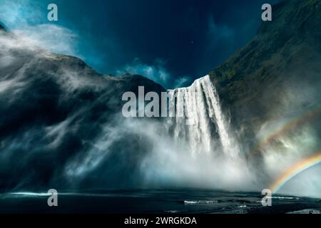 Doppio arcobaleno di fronte alla cascata Skogafoss, Islanda centro-meridionale, Islanda Foto Stock