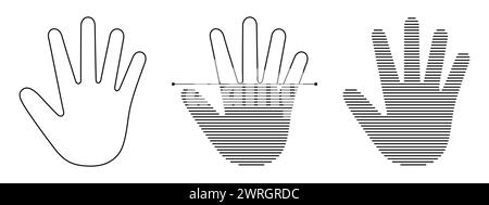 Set di icone di riconoscimento della stampa Palm. Simbolo di scansione id biometrico mano dell'utente. Badge di sicurezza per l'identificazione della persona. Segnale di verifica delle impronte digitali umane. Logo vettoriale del concetto del sistema di sicurezza informatica di accesso digitale Illustrazione Vettoriale