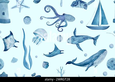 Acquerello disegno a mano blu monocromatico senza cuciture su sfondo azzurro. Balene, mante, conchiglie, stelle marine, meduse e polpo Foto Stock