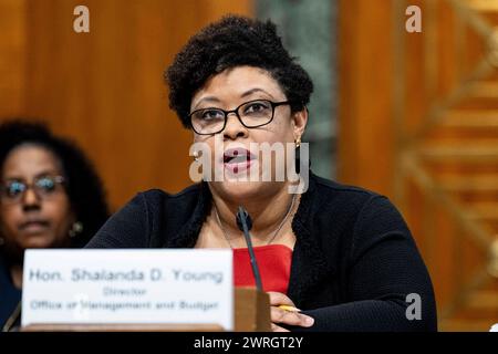 Washington, District of Columbia, USA. 12 marzo 2024. SHALANDA YOUNG, Direttore, Ufficio di gestione e bilancio (OMB), ha parlato a un'audizione del Comitato per il bilancio del Senato al Campidoglio degli Stati Uniti. (Credit Image: © Michael Brochstein/ZUMA Press Wire) SOLO PER USO EDITORIALE! Non per USO commerciale! Foto Stock