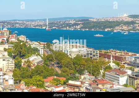 Vista aerea della Torre Galata sullo skyline di Istanbul con lo stretto del bosforo in una giornata di sole limpido in Turchia. Foto Stock