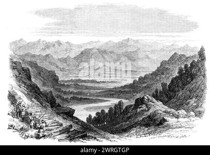 Spedizione contro le tribù collinari sulla frontiera del Punjaub: Vista della valle di Chumla e del villaggio di Umbeylah dalla posizione occupata dalle forze britanniche sulle alture di Goroo, 1864. La campagna di Ambela del 1863 fu una delle numerose spedizioni nella zona di confine tra l'Emirato dell'Afghanistan e la provincia del Punjab dell'India britannica (rinominata Provincia di frontiera nord-occidentale nel 1901, oggi Khyber Pakhtunkhwa) contro i fanatici indù a Malka. Da "Illustrated London News", 1864. Foto Stock