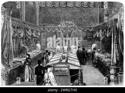 The International Exhibition: The Brazilian Court - da una fotografia della London Stereoscopic Company, 1862. "La collezione comprende diamanti, smeraldi, topazi, ametisti, jasper, e oro;...carbone di Laguna, minerali di ferro e malachite...acidi vegetali e farmaci, tra cui ipecacuanha era prominente. Poi è arrivato il prodotto della canna da zucchero, a forma di zucchero e rum; c'era un caffè dall'aspetto eccellente...e un tè verde profumato di San Paolo...c'erano esempi di frutta, semi, gengive, resine e coloranti, indigo in particolare... c'erano attrezzi agricoli esposti che lo erano Foto Stock