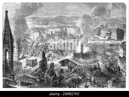 Scena del grande incendio a Limoges, Francia - da uno sketch del nostro artista speciale, 1864. 'Il fire...destroyed quasi tutta quella parte della città comprendeva tra la Chiesa di San Michel e il Palazzo di giustizia... la causa dell'incendio non è ancora stata scoperta, e, con ogni probabilità, mai lo sarà... l'intero sito delle rovine stava ancora fumando e stava inviando un caldo tremendo, anche se i motori non avevano cessato di lanciare quantità d'acqua nel debris...from, le braci si riaprirono, emettendo fiamme dalle forme più fantastiche. In alcuni punti tutto h Foto Stock