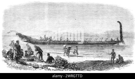 Canoa da guerra Maori a Tauranga, nuova Zelanda, 1864. Incisione da uno schizzo del tenente Robley, del 68th Regiment, '...noW di stanza a Tauranga... i nativi delle coste della Baia di Plenty non erano tutti ostili all'insediamento britannico, e il campo di Tauranga era spesso visitato da grandi gruppi di queste persone, portando patate, pesce, o pesche selvatiche, a fini commerciali. La canoa qui rappresentata era una appartenente a Maungatapu, un villaggio della tribù Ngatihi. Era fatto di totara, o pino, con una lunghezza di sessanta o settanta piedi, e una larghezza di circa quattro piedi, dipinto wi Foto Stock