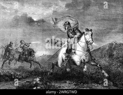 "The Escape", di R. Beavis, dalla mostra della Royal Academy, 1864. Incisione di un dipinto raffigurante un personaggio del '...chivalric e importante - un capo di frontiera [scozzese], dovremmo dire - colui che, anche se qui obbligato a cavalcare per la sua vita, ama combattere ancor più che saccheggiare. La nostra impressione è confermata dalla citazione che segue il titolo nel catalogo della mostra recentemente chiusa...: "La sua unica delizia, il raid al chiaro di luna, il combattimento mattutino". Questa è una citazione del quarto canto di Scott "Lay of the Last Minstrel", e applicata a. Foto Stock