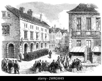 Difficoltà dello Schleswig-Holstein: I soldati danesi ad Altona in attesa della notizia dell'arrivo delle truppe federali per lasciare la casa di guardia principale, 1864. "La corrispondenza dei ducati è unanime nel descrivere l'esecuzione [federale] [vale a dire il cambio di regime] come avvenuta senza turbare l'ordine pubblico. Un'ora prima che le truppe federali arrivassero nelle diverse città, le forze danesi marciarono fuori; e, fatta eccezione per le differenze delle uniformi, si avrebbe immaginato che i reggimenti fossero stati sollevati nel corso ordinario del servizio militare. Alla partenza delle truppe danesi Foto Stock