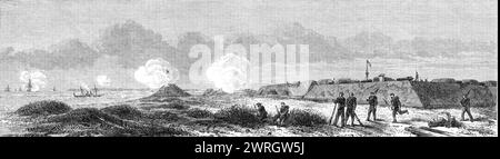 La guerra in America: Fort Fisher, comandante della nuova entrata del fiume Cape Fear - il piroscafo britannico Hansa che gestisce il blocco sotto i cannoni del forte, 1864. Scena a Wilmington, Carolina del Nord, USA, '...from uno schizzo del nostro artista speciale... che scrive: "Per fortuna, abbiamo scoperto un piroscafo a vapore bloccato, l'Hansa, sotto le nostre armi all'alba, e allo stesso tempo anche i bloccanti yankee si accorsero della sua presenza e aprirono il fuoco, pensando che, dato che era già entrata nel bar (la linea dei rompighiaccio bianchi solo di lei), la avrebbero distrutta prima che lei impazzisse Foto Stock