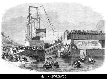 Scena del disastro a Beloeil Bridge, vicino a Montreal, sulla Grand Trunk Railway of Canada, 1864. Incisione da uno schizzo. '...ai piedi del monte Beloeil...il fiume Richelieu è attraversato da un ponte di ferro...Un ponte levatoio forma il collegamento...[con] il lato di Montreal... la regola è che questo ponte levatoio dovrebbe essere sempre aperto, e che il treno dovrebbe quindi arrivare a una posizione morta quando si avvicina al ponte, e non tentare di procedere fino a quando non sia stato dato il segnale corretto... il treno, tuttavia, non si è fermato affatto... il macchinista, Burney... sostiene di averlo trovato Foto Stock