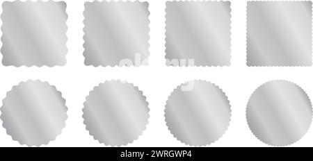 Set di modelli di adesivi quadrati e circolari argentati con bordi ondulati. Etichette brillanti, badge, etichette dei prezzi, coupon, francobolli con bordi ondulati isolati su sfondo bianco. Illustrazione vettoriale. Illustrazione Vettoriale