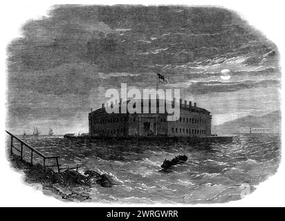 La guerra in America: Fort Lafayette, la Bastiglia federale per i prigionieri politici, 1862. "Il viaggiatore in America che entra nel bellissimo porto di New York... osserverà, sulla destra, passando per il canale conosciuto come "The Narrows", un forte solitario su un'isola a qualche distanza dalla riva... la nostra incisione è presa dall'acqua, vicino a Staten Island...negli ultimi quindici mesi Fort Lafayette (come i suoi forti gemellati nei porti di Boston e Baltimora) [era] stato riempito di prigionieri politici...il 27 novembre, poco più di tre settimane dopo i trionfi Foto Stock