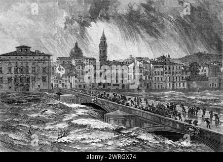 La tarda inondazione dell'Arno a Firenze - da uno sketch di E. W. Cooke, R.A., 1864. Veduta di '...l'alluvione che ha visitato quella città dall'improvvisa ascesa del fiume Arno, causata da una tempesta di pioggia...[Mr. Cooke scrive:] le acque del Mugnone e amo, con i loro numerosi torrenti affluenti provenienti dal vasto anfiteatro dei monti che circondano Firenze, scoppiarono improvvisamente nella valle, e precipitato con irresistibile forza attraverso i diversi ponti, salendo in circa sei ore fino all'altezza di 17 piedi... la scena... presentava l'aspetto straordinario di un mare turbolento, non di acqua, ma di Foto Stock
