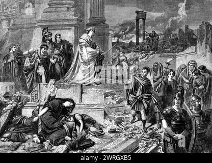 "Nero dopo il fuoco di Roma", di Carl Piloty, alla tarda esposizione Internazionale del 1862. Incisione di un dipinto. "...il tiranno è rappresentato a perseguitare... per osservare la desolazione lasciata dalle fiamme, che ancora infuriano in lontananza... si aggira senza pietà, orrore o rimorso. Dolcemente, come una tigre prowling, calpesta la pavimentazione sbriciolata e tra capitelli calcinati e architrave caduti. C'è una galleggiabilità nascosta e furtiva nella figura gonfiata, che sembra stranamente smentita dal braccio arrotondato, inumano, sproporzionato appeso tutto così snervante e.. Foto Stock