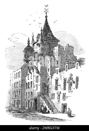 Edimburgo: The Tolbooth, 1864. Canongate Tolbooth, costruito nel 1591, è un punto di riferimento storico della città Vecchia. Era il centro dell'amministrazione e della giustizia dell'allora separato burgh del Canongate, che si trovava al di fuori delle mura cittadine di Edimburgo. Cessò di essere un edificio municipale nel 1856 e divenne il People's Story Museum. È protetto come edificio classificato di categoria A. Da "Illustrated London News", 1864. Foto Stock