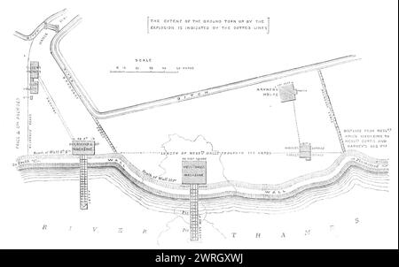 L'esplosione tardiva della polvere da sparo: Sito dei caricatori di polveri a Belvedere, nelle paludi di Erith, 1864. Pianificate di mostrare le riviste '...che sono esplose il...1 ottobre. Questo piano è stato tratto da un'indagine reale del signor H. W. Marriner, della Edith Academy, per l'ispezione della giuria del coroner durante l'inchiesta... la rivista dei signori John Hall and Co. Era di 50 piedi. quadrato, con 10 piedi profondità perpendicolare della parete. Quella della Low Wood Company, altrimenti dei signori Day e Barker, era di 28 piedi. larghezza per 48 piedi lungo; profondità della parete, 6 piedi 6 poll. La lunghezza del fronte appartenente al primo era di 165 metri, e. Foto Stock