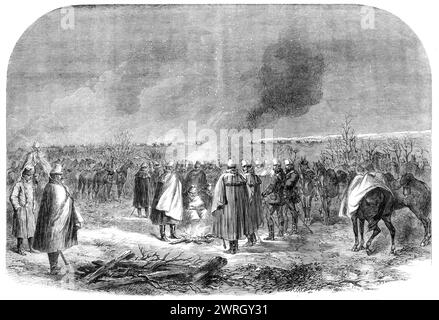 La guerra nello Schleswig: Il 9° reggimento di ussari (Principe Liechtenstein) che bivacca sul campo di battaglia di Over-Selk dopo la battaglia - da uno schizzo del nostro artista speciale, 1864. 'A perdita d'occhio abbiamo visto... il fumo degli incendi del campo. Da lunedì 15.000 gli austriaci e molti altri prussiani hanno dovuto bivaccare all'aria aperta. Il paese tra Breckendorf e Over-Selk era della descrizione più sgradevole e inospitale... Hedges non CE n'erano, dato che i danesi avevano abbattuto quel che pochi esistevano prima del loro ritiro... la neve giaceva a un centimetro e mezzo di profondità sul terreno quando eravamo a Foto Stock