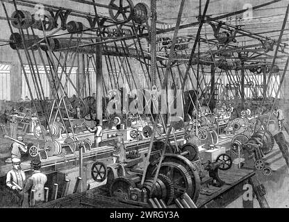 Fabbrica di locomotive di Stephenson a Newcastle-on-Tyne: Il tornio e l'officina di utensili, 1864. La vista che rappresenta "...così come un'incisione in legno può rappresentare un soggetto di questo tipo, una parte del tornio e del negozio di utensili. Sono disponibili macchine e utensili di ogni tipo per tornitura, alesatura, taglio, taglio, foratura, planare e modellare pezzi di metallo in ogni forma immaginabile. La loro varietà è sorprendente, e sono così ravvicinati che uno sconosciuto non è in grado di distinguere la folla di contorni meccanici, anche se può guardare a uno di questi laboratori come una persona ignorante della geografia può l Foto Stock