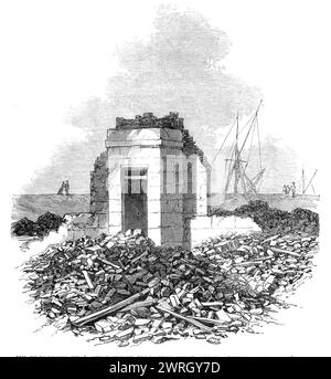 L'esplosione di un magazzino di polvere da sparo vicino a Erith: Rovine della casa di Rayner, 1864. Illustrazione di '...cosa rimane della casa di George Rayner, custode della rivista dei signori John Hall and Sons...[dopo] l'esplosione distruttiva alle polveri del Belvedere, vicino a Erith, sabato mattina, il 1° ottobre... dalle prove...[date durante l'inchiesta,] sembrava che due chiatte, che aveva portato polvere da sparo dai mulini di Faversham, giacevano al molo appartenente al loro magazzino di Belvedere quando ebbe luogo l'esplosione; e si suppone che uno di loro stesse scaricando Foto Stock