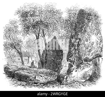 The British Association at Bath: Druidical Circles at Stanton Drew, 1864. C'è stata... un'escursione, da parte di un gruppo di membri dell'associazione, associati e signore, per ispezionare i celebrati circoli druidici a Stanton Drew, a undici miglia da Bath... in un frutteto a poca distanza dai circoli druidici sono situati altri resti notevoli... i due blocchi più grandi qui rappresentati, l'uno prostrato, e l'altro in piedi vicino, un po' della forma della lama di un'ascia, sono chiamati dagli abitanti del distretto "il Chopper e il Block". Da "Illustrated London N Foto Stock