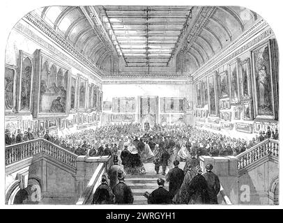 Sua Eccellenza il conte di Carlisle apre la National Gallery of Ireland, 1864. La National Gallery of Ireland di Dublino ospita la collezione nazionale di arte irlandese ed europea. È stata fondata nel 1854. E ha una vasta e rappresentativa collezione di dipinti irlandesi ed è anche notevole per la sua pittura italiana barocca e olandese maestri. Da "Illustrated London News", 1864. Foto Stock