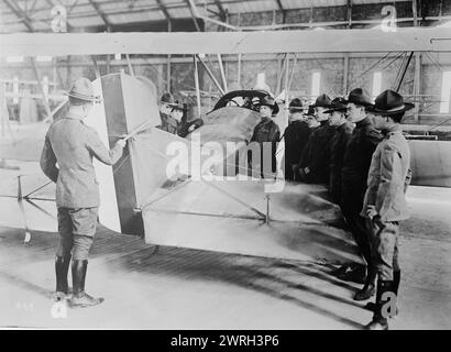 Studio del timone di un velivolo [cioè di un aereo], 1917 o 1918. Qui viene mostrato l'istruttore che spiega i principi del controllo laterale e orizzontale a una classe di nuovi aviatori americani in una delle scuole di terra. Foto Stock