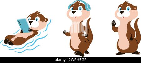 Graziosa mascotte Otter in piedi, a piedi e a nuoto Illustrazione Vettoriale