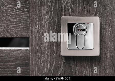 Serratura metallica su porta di legno scuro, primo piano Foto Stock