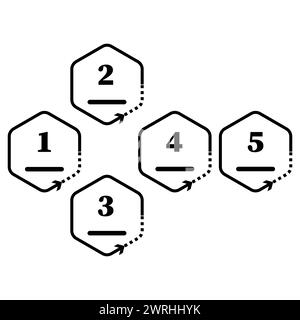 Sequenza esagonale numerata. Frecce direzionali del flusso di lavoro. Diagramma di pianificazione del processo. Illustrazione vettoriale. EPS 10. Illustrazione Vettoriale