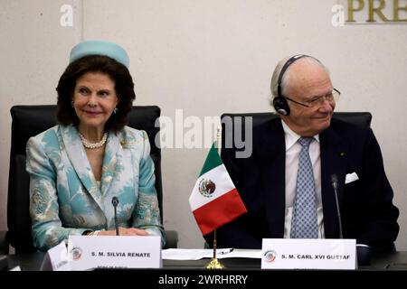 Città del Messico, Messico. 12 marzo 2024. La regina svedese Silvia e il re svedese Carl XVI Gustaf durante una conferenza stampa dopo la firma della cerimonia d'accordo il primo giorno della visita di Stato svedese in Messico al Senato messicano. Il 12 marzo 2024 a città del Messico, Messico. (Credit Image: © Luis Barron/eyepix via ZUMA Press Wire) SOLO PER USO EDITORIALE! Non per USO commerciale! Foto Stock