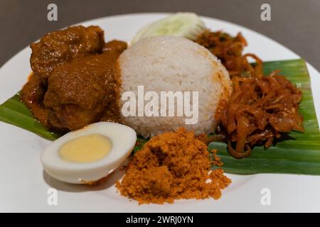 Cibo asiatico Nasi Lemak è un piatto di riso infuso con latte di cocco. Servito con sambal, pollo al curry, cetriolo, uova sode con salsa al curry e così via Foto Stock