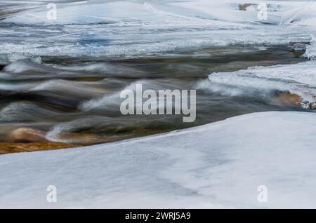 Lunga esposizione delle acque che fluiscono sotto il ghiaccio del fiume ghiacciato nelle fredde giornate invernali nella provincia di Gyeonggi della Corea del Sud Foto Stock