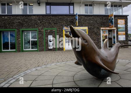 Una statua a Fungie, il delfino irlandese e della contea di Kerry, fuori dall'ufficio turistico sul molo al porto di Dingle. Dingle, Irlanda Foto Stock