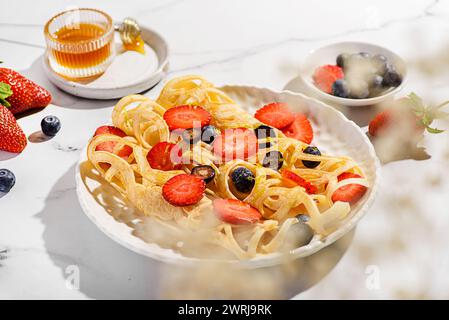 pancake in pizzo con mirtilli e fragole. Foto di alta qualità Foto Stock