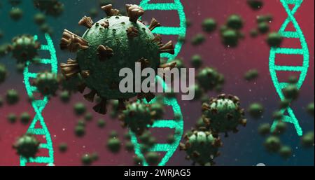 Immagine di 3D coronavirus Covid 19 cellule che si diffondono con filamenti di DNA rotanti Foto Stock