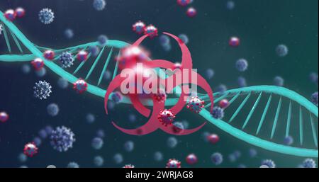 Immagine del coronavirus 3D Covid 19 cellule che si diffondono con filamento di DNA rotante e un simbolo di rischio biologico Foto Stock