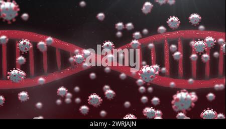 Immagine di 3D coronavirus Covid 19 cellule che si diffondono con filamento di DNA rotante Foto Stock