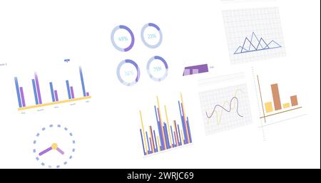 Immagine di statistiche, grafici ed elaborazione di dati finanziari su sfondo bianco Foto Stock