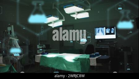 Immagine della rete di icone mediche ed elaborazione dei dati sul letto di ospedale Foto Stock