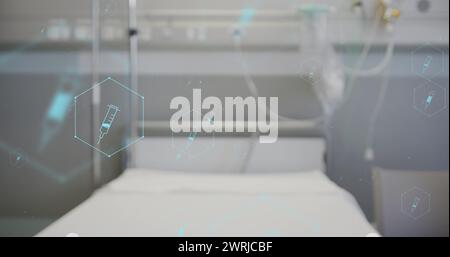 Immagine della rete di icone mediche ed elaborazione dei dati sul letto di ospedale Foto Stock