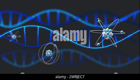 Immagine di micromodelli di atomi e filamenti di dna su sfondo nero Foto Stock