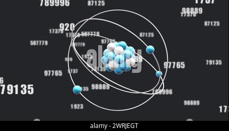 Immagine di micro di modelli atomici e numeri su sfondo nero Foto Stock