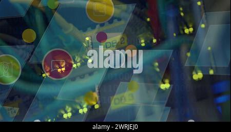 Immagine di icone digitali su schermi blu e cavi del computer sullo sfondo Foto Stock