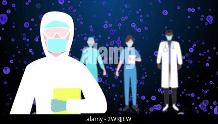 Immagine del medico in uniforme di sicurezza su cellule blu su sfondo blu Foto Stock