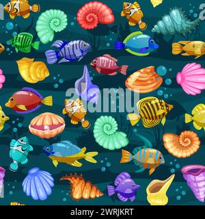 Pesci tropicali, cartoni animati a conchiglie senza cuciture. Simpatici e divertenti personaggi subacquei Illustrazione Vettoriale
