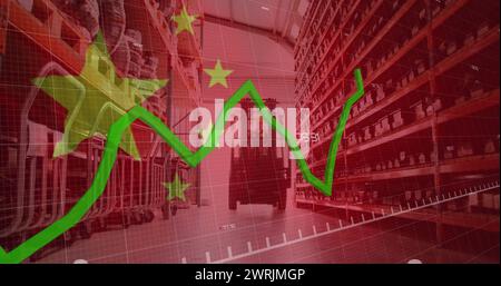 Immagine dell'elaborazione dei dati finanziari, bandiera della cina sopra il magazzino Foto Stock