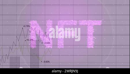 Banner di testo NFT su rete a griglia con elaborazione dei dati statistici su sfondo viola Foto Stock