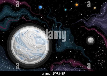 Grafico spaziale Vector Fantasy, poster orizzontale con disegno dei cartoni animati rotazione della luna Dysnomia intorno al pianeta nano Eris nello spazio profondo, decorativo futuristico Illustrazione Vettoriale