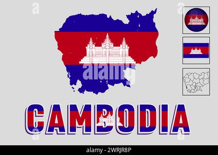 Mappa e bandiera della Cambogia nell'illustrazione vettoriale Illustrazione Vettoriale