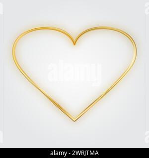 Sottile cornice a cuore dorato. Golden Realistic Heart Border. Il lusso, simbolo dell'amore. Illustrazione Vettoriale